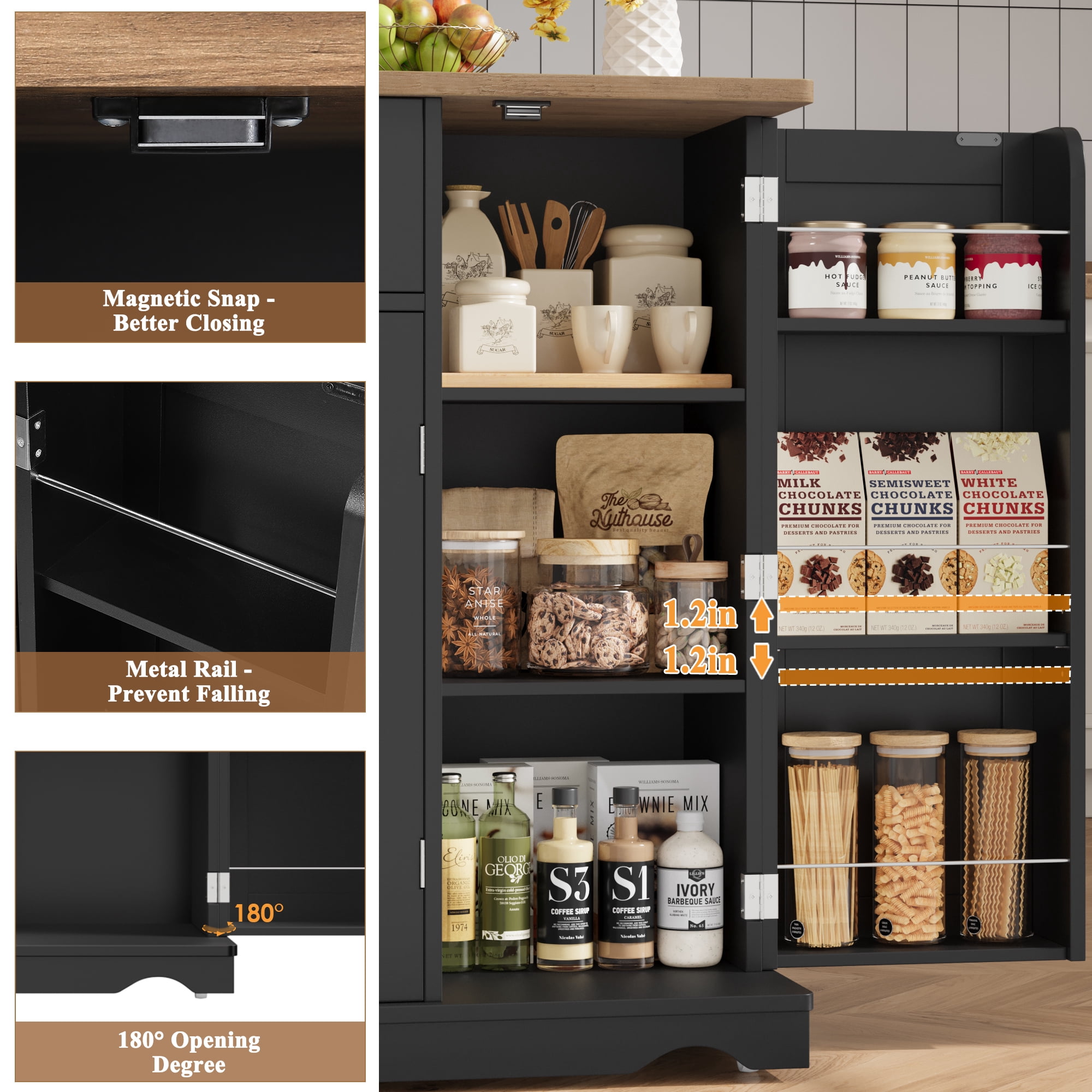 Homfa Kitchen Island with Wheels & Adjustable Shelf, 2 Drawer Modern Buffet Cabinet Sideboard Coffee Bar for Dining Room Living Room, Black