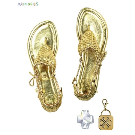 

BadPiggies CICI Theia Bikini Thong Flat Sandals Cross Crystal Pendant 18K Gold Plated Chain Jeweled Sandal