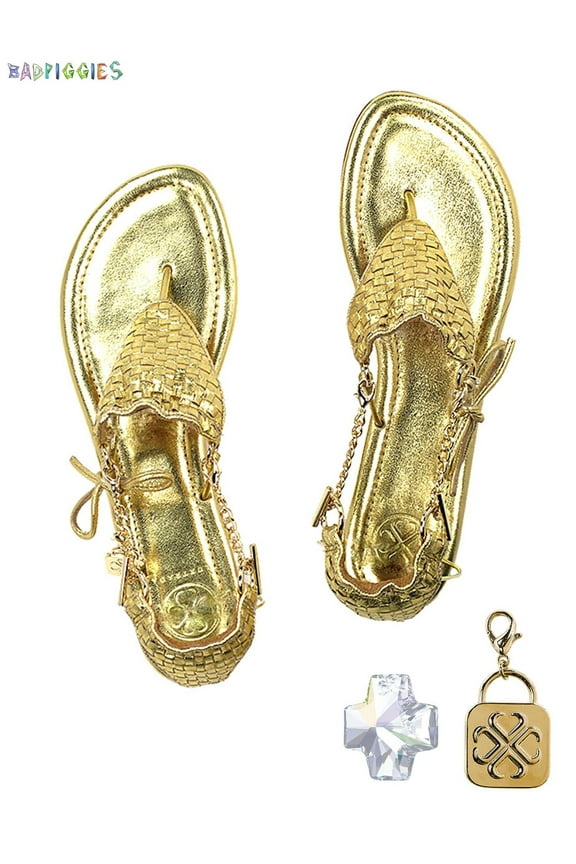 BadPiggies CICI Theia Bikini Thong Flat Sandals Cross Crystal Pendant 18K Gold Plated Chain Jeweled Sandal