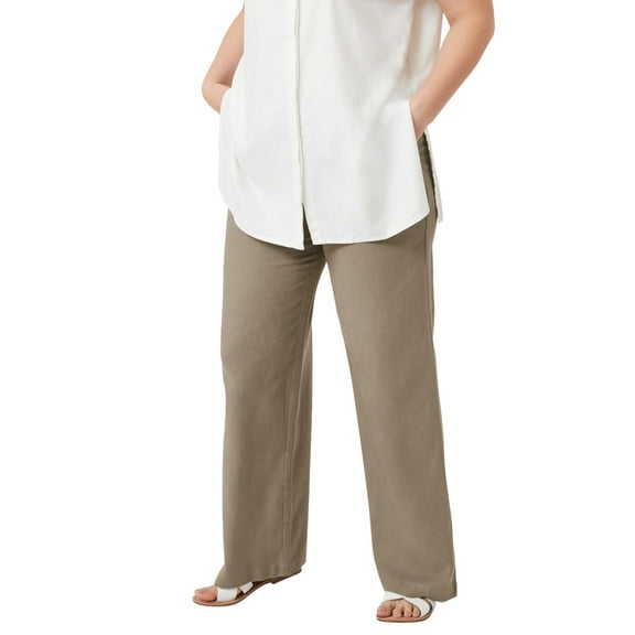 ellos Women's Plus Size Linen Blend Drawstring Pants - 24, Bark