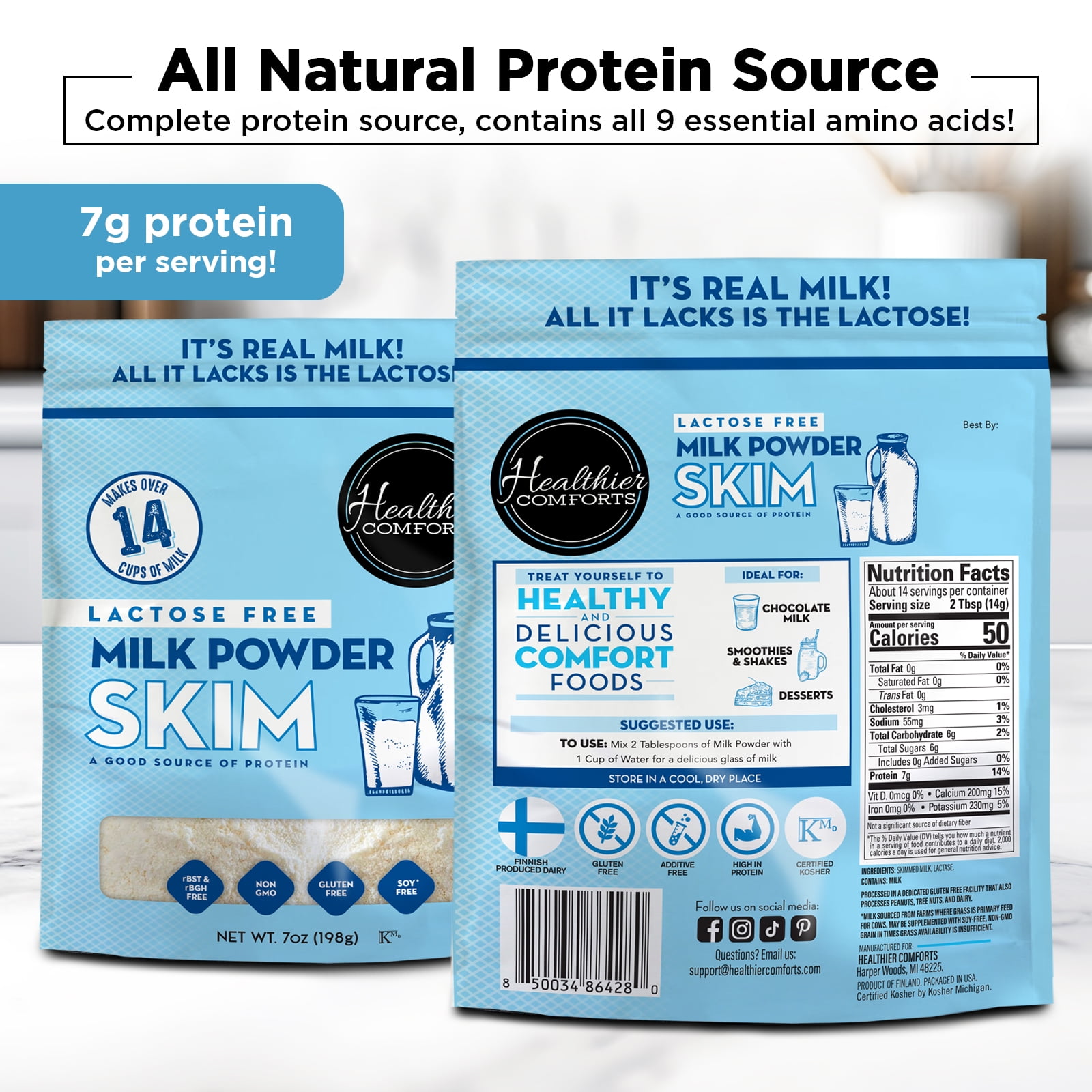 Healthier Comforts Lactose Free Skim Milk Powder 21oz | High Protein, Fat Free, Non-GMO, Kosher, Gluten Free, No Fillers | Baking, Coffee Creamer, Shakes