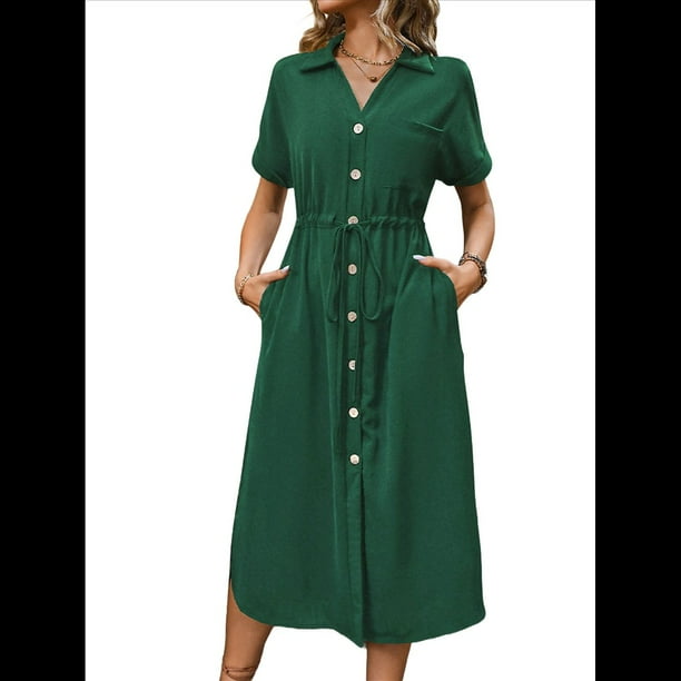 Vestido Informal de Verano para Mujer, de Color Liso, con Mangas , Botones y Cuello en V, con Bolsillos. Verde Tinta S