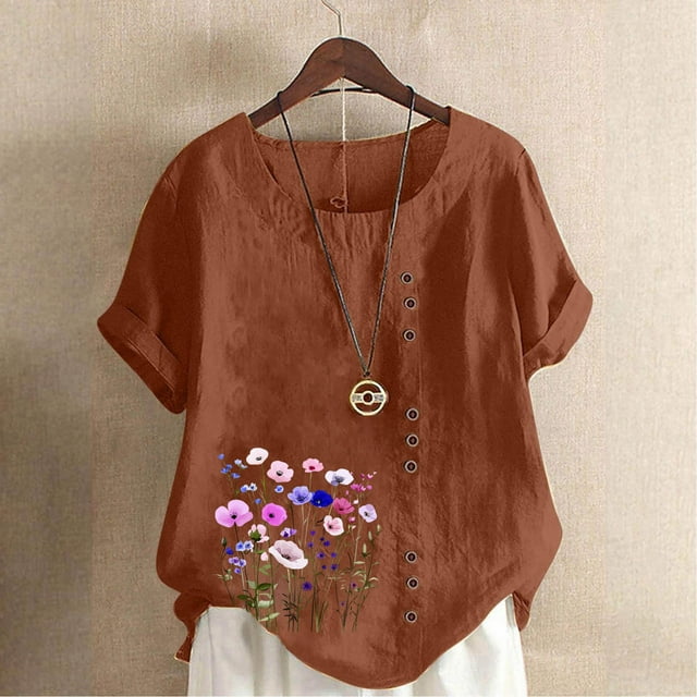 TaTaai Casual Printed Button Blouse, Women's Short Sleeve Linen Feel T-Shirt, Comfortable Top for All Seasons Gift