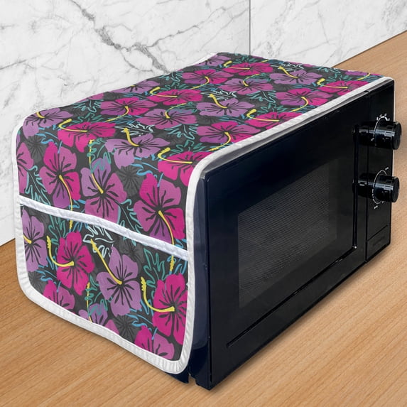 Floral Microwave Oven Cover, Continuous Colorful Exotic Summer Aloha Flower Petals Retro Blossoming Pattern, Water Resistant Organizer with Pockets Kitchen, 36" x 12", Grey Multicolor, by Ambesonne