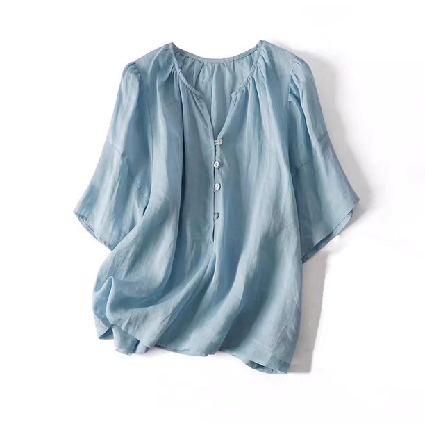 Blusas de Color Sólido Fiudx para Mujer Manga Corta con Cuello Levantado y Botones Sueltos