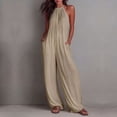 thumbnail image 2 of Women's Summer Solid‑Color Halter Sleeveless Wide‑Leg Jumpsuit Casual One‑Piece Pants with Side Pockets Khaki L(L), 2 of 7