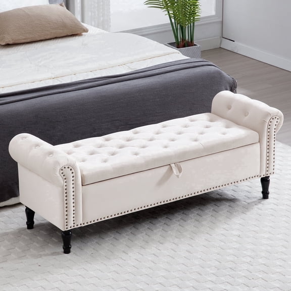 Aemeios 67" Velvet Storage Bench Upholstered Button-Tufted End of Bed Storage Ottoman Benches with Arms for Entryway Cloakroom, Cream