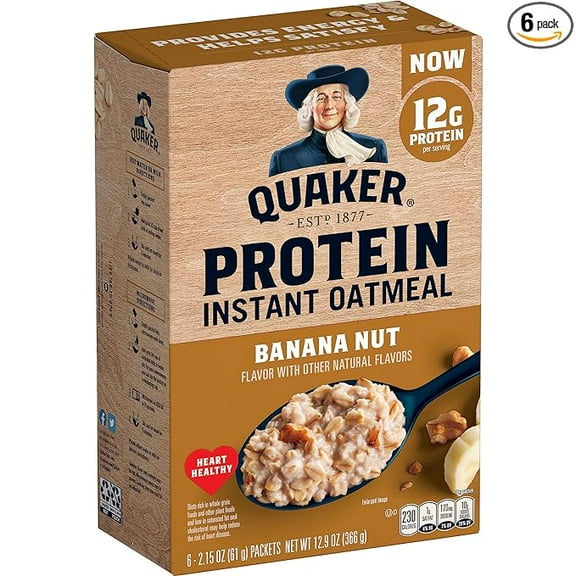Quaker, Protein Instant Oatmeal, Banana Nut, 12.9 Oz, 6 Count (Pack of 1)