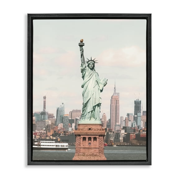 Stupell Industries Statue of Liberty Skyline Cities & Countries Photography Black Floater Framed Canvas Art Print Wall Art, 17 x 21