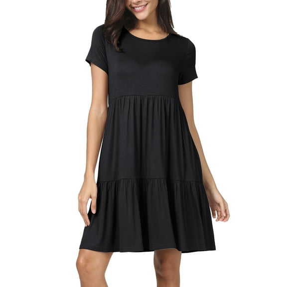 CALIPESSA Women Summer Black Round Neck Short Sleeve Ruffle Loose Swing Casual Dress