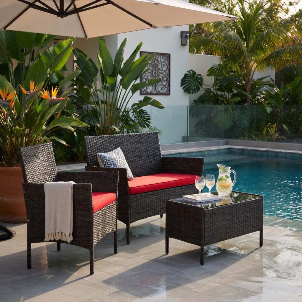 Hommoo 4-Piece Outdoor Rattan Patio Conversation Set with Plush Seat Cushions, Loveseat, 2 Chairs & Tempered Glass Coffee Table, Red