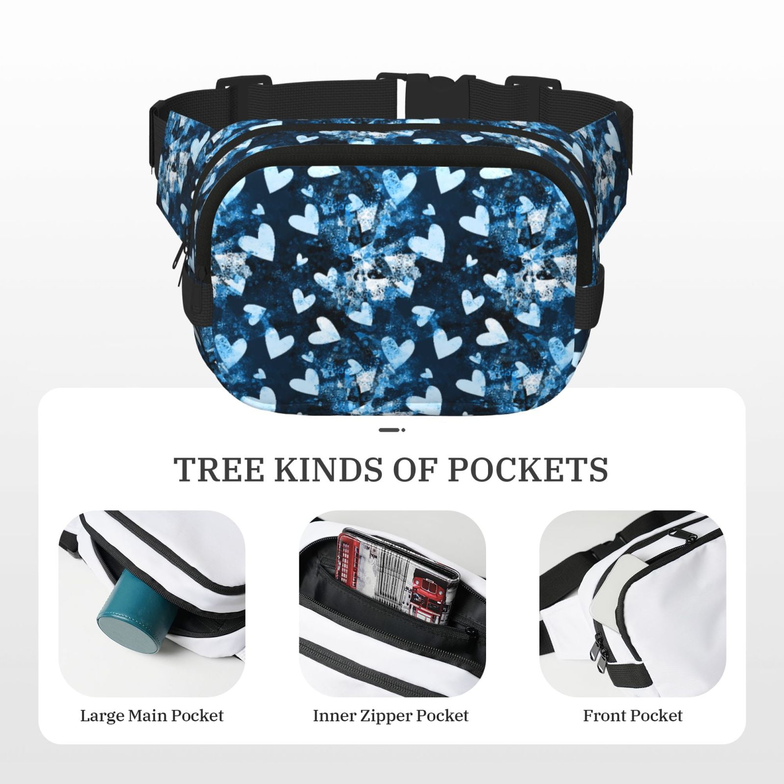Picia Ice Blue Heart Print Square Double-Layer Waist Bag Mini Adjustable Waist Belt Bag Exercise Running Travel Hiking