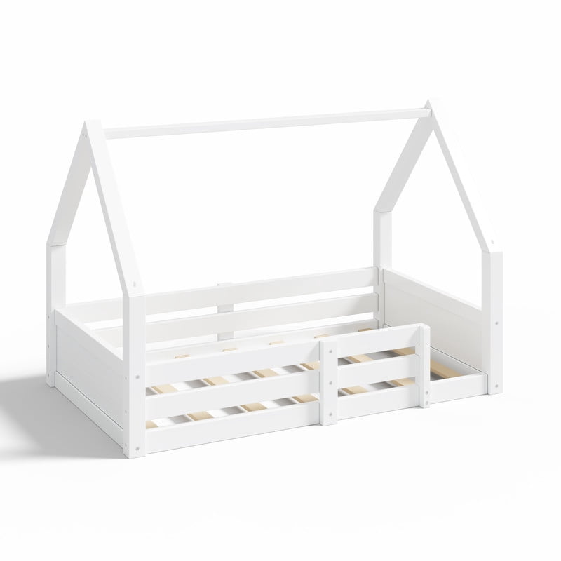 Euroco Wood Twin Size Platform Bed, Low Profile House Floor Bed with Guardrails, White