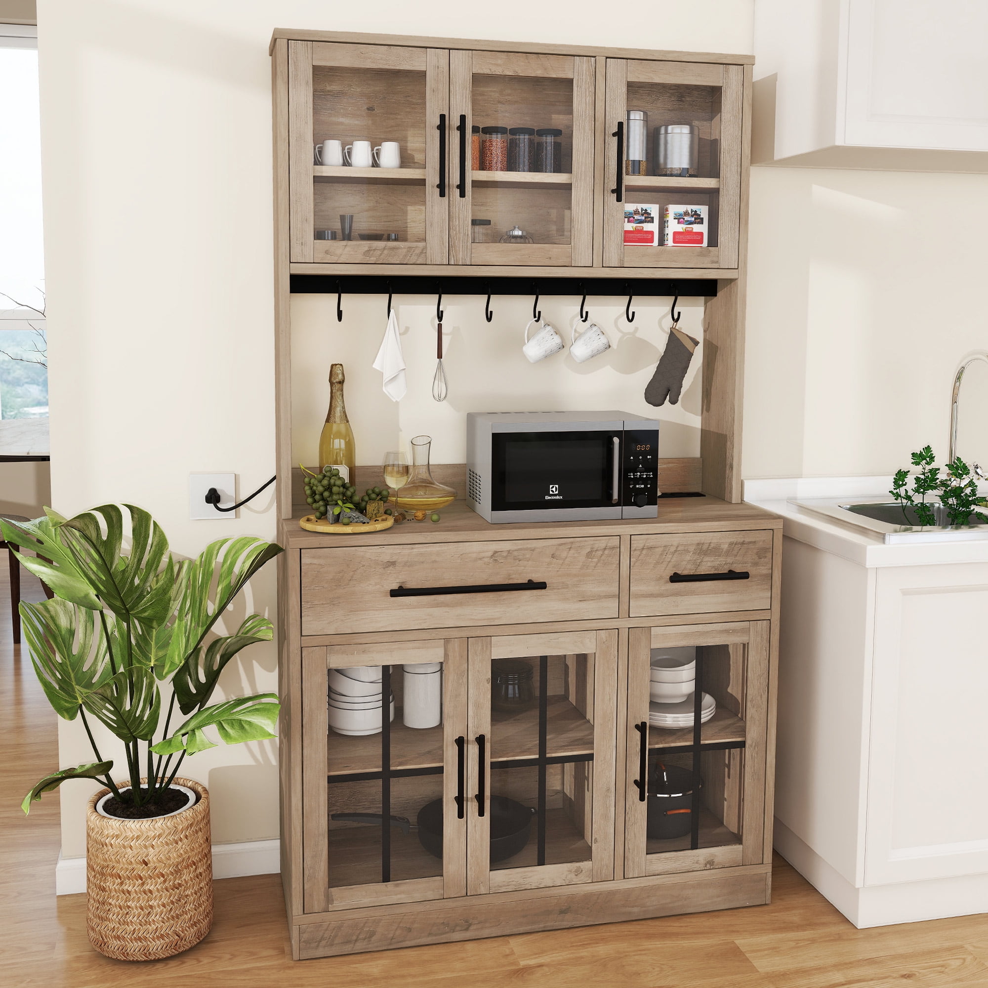 DEXTRUS 71-Inch Tall Kitchen Pantry Cabinet with Power Outlet, Freestanding Hutch with Microwave Stand and Drawers, Brown