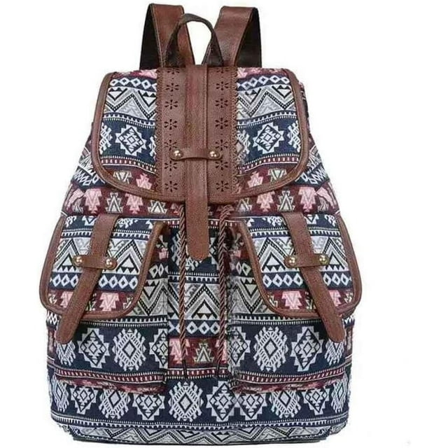 Hippie Canvas Women Backpack Purse- Boho Style Ethnic Drawstring Causal Double Shoulder Vintage Travel Daypack (Landscape)
