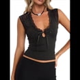 thumbnail image 2 of Camiseta Sin Mangas de Encaje con Escote en V Profundo para Mujer, Camisa de Verano Sin Mangas de Corte Bajo con Lazo Frontal, Blusa Corta Negro L, 2 of 10