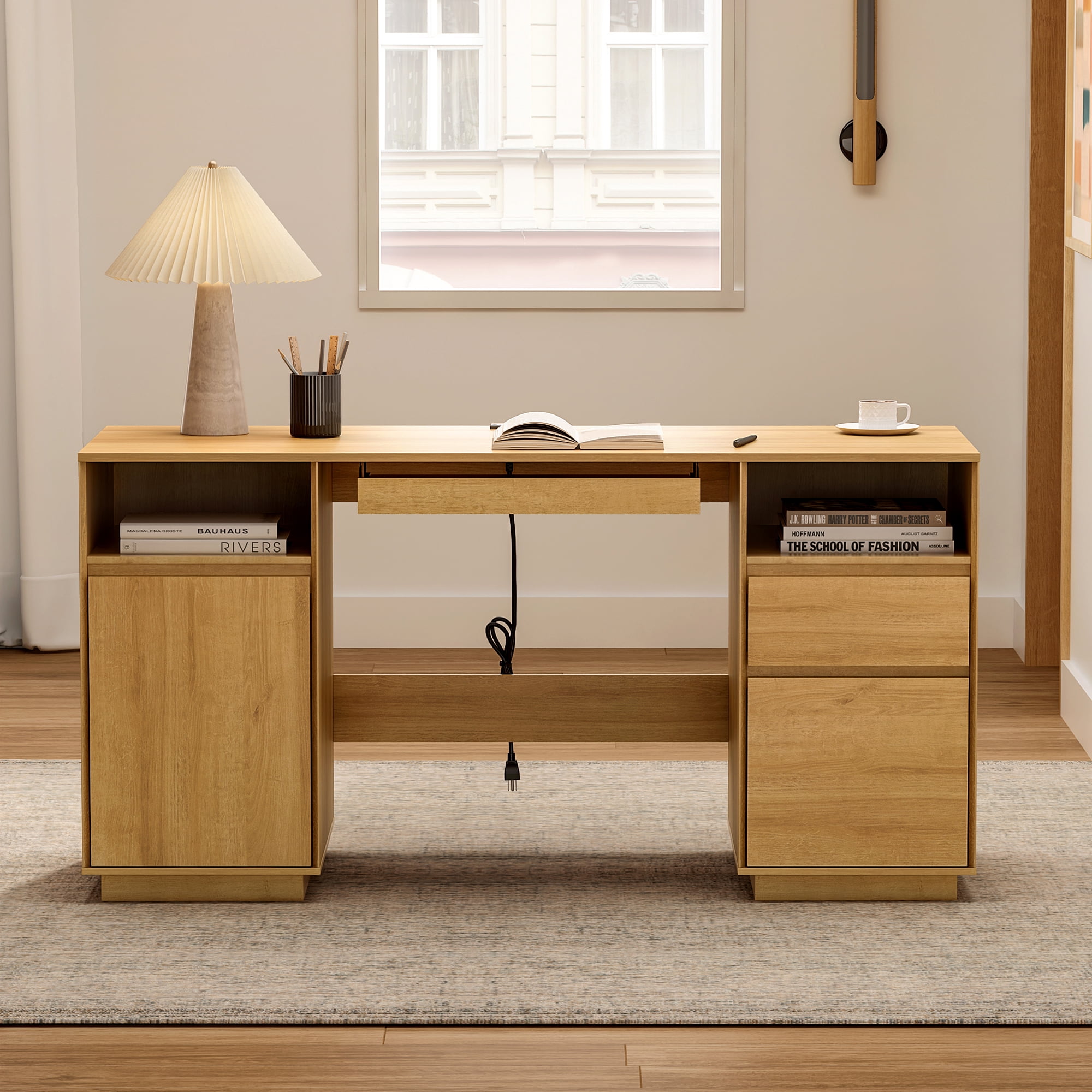 EYYTHUNG 59" Executive Desk, Farmhouse Large Home Office Desk with File Drawer & Outlet & Storage Cabinet, Wood Computer Desks with Keyboard Tray, Natural Oak