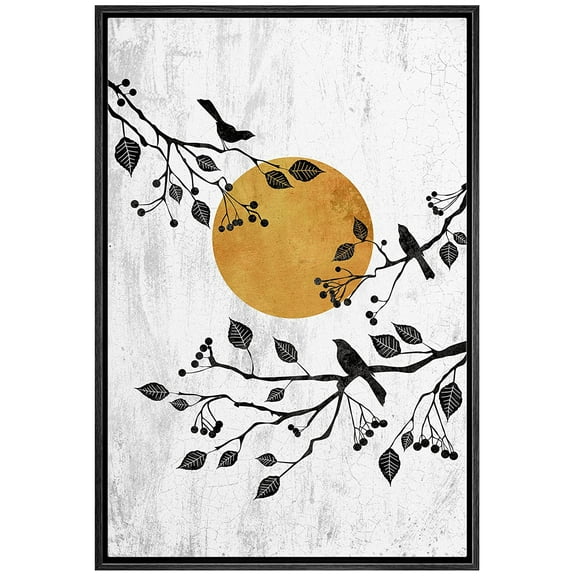 wall26 Framed Canvas Print Wall Art Birds in Forest Woodland Trees with Sun Nature Animals Digital Art Modern Art Rustic Relax/Calm Multicolor for Living Room, Bedroom, Office - 24"x36" Bla