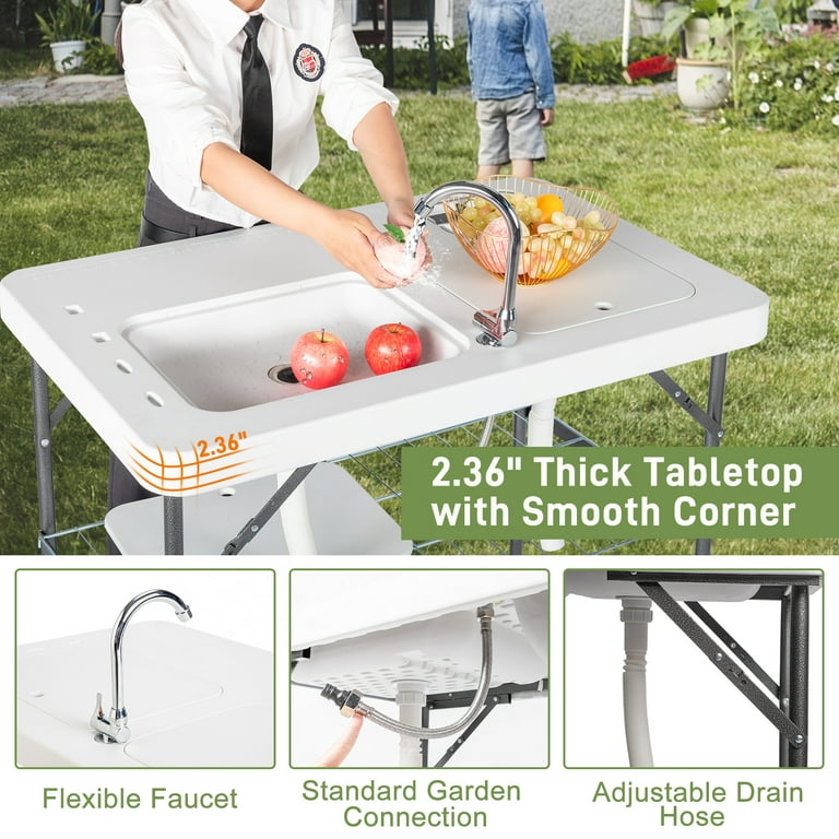 Folding Camping Table with Sink and Faucet, Portable Fish Cleaning Table, Camping Sink Table with Faucet Drainage Hose, Outdoor Fish Fillet Cleaning