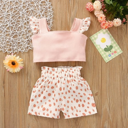

Leutsin Toddler Baby Summer Clothes Sleeveless Sling French Rib Top Dots Shorts Suit
