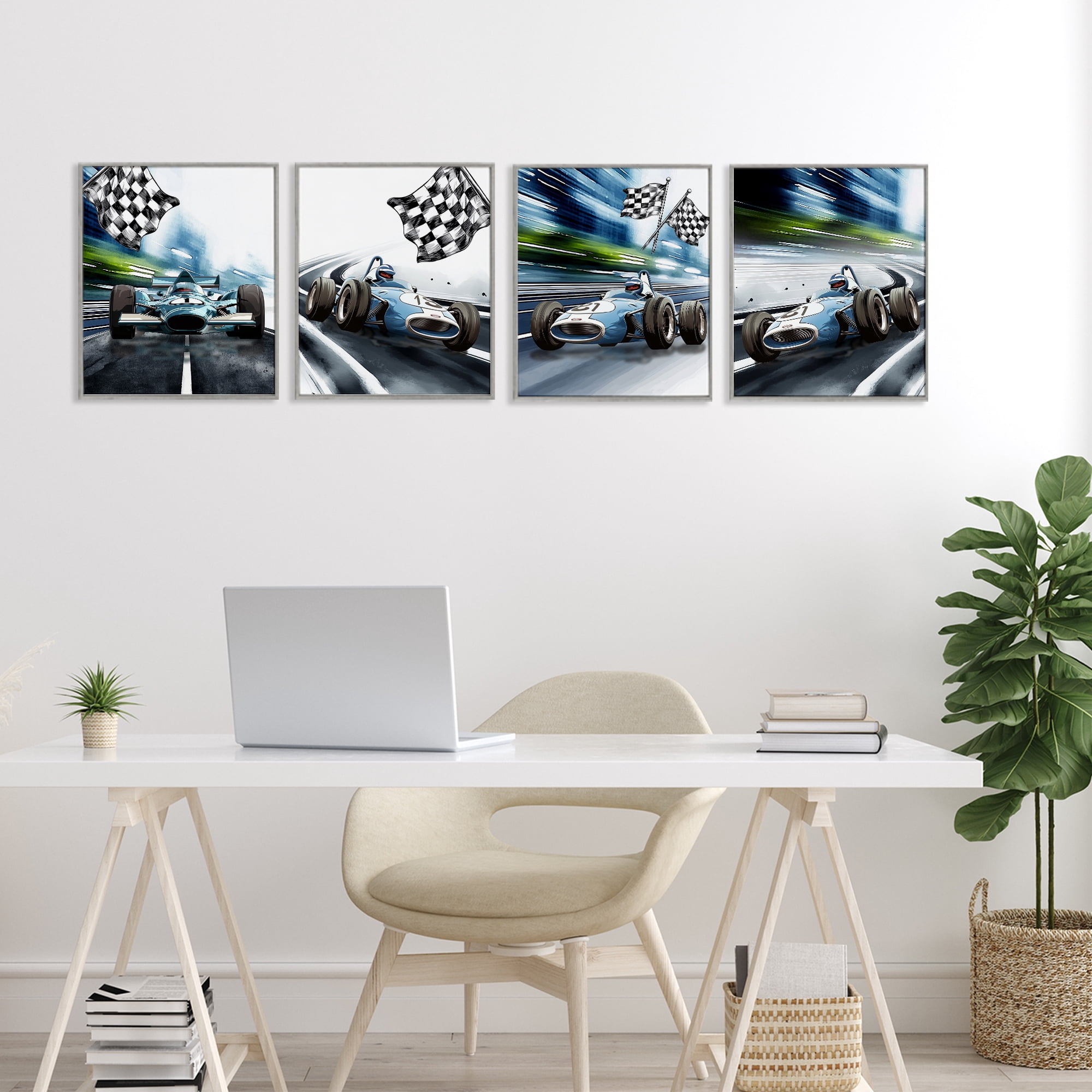Stupell Industries Ready Set Racecars 4 Piece Gray Framed Giclee Art Set, design by Christine Simpson Art