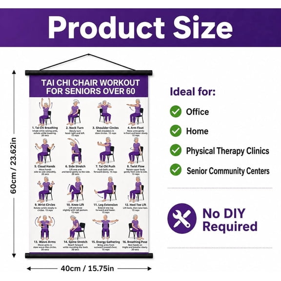 16" x 24" Chair Tai Chi Exercise Poster for Seniors, Seated Tai Chi Workout Chart for Beginners, Balance & Flexibility Training Guide, Instructional Wall Chart