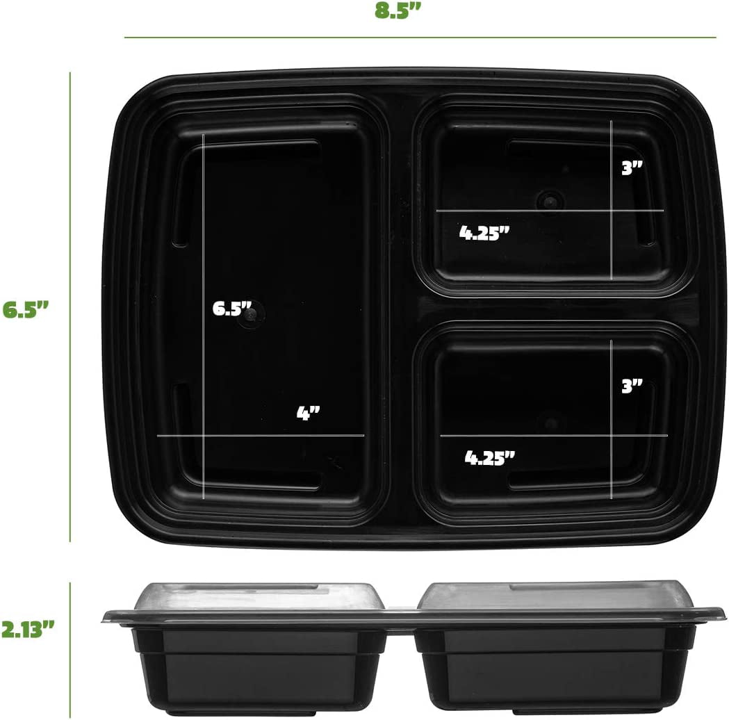[90 Pack] 3 Compartment Black Disposable Container with Lids, Meal Prep Container, Food Storage Bento Box, Disposable, Stir Fry | Lunch Boxes | BPA