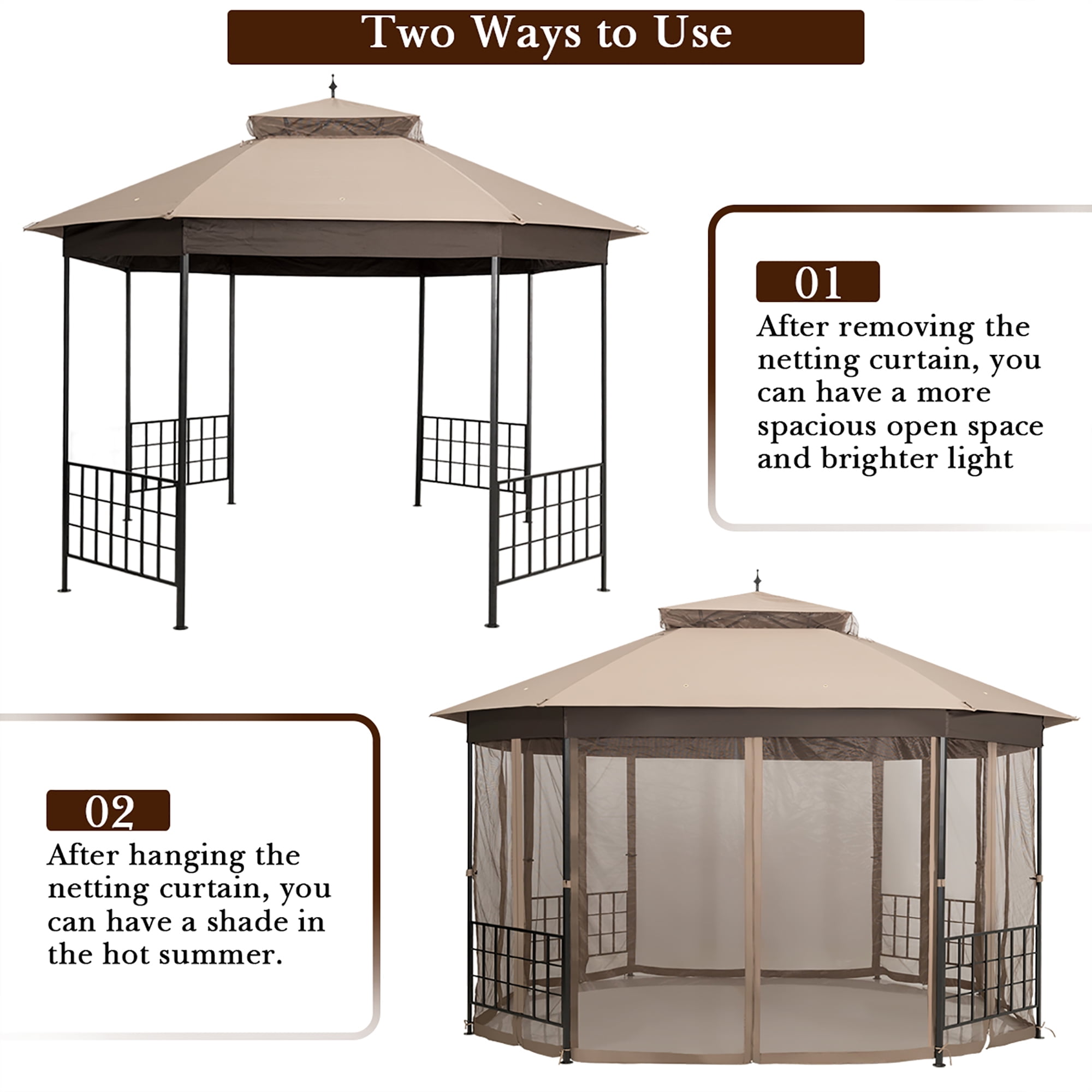 Costway 10' x 12' Octagonal Patio Gazebo Canopy Shelter Double Top W/Netting Sidewalls