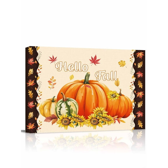 Autumn Harvest Canvas Print Wall Art Framed Canvas Art Wall Decor Pumpkin Maple Leaf Brown Beige Hello Fall Pictures Painting Morden Artwork for Living Room Bedroom, Ready to Hang - 12"x16"