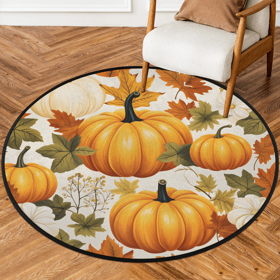 CURLYOOT Round Rug 3ft Autumn Pumpkin Maple Leaves Area Rug, Washable Circle Mat Non Slip Floor Carpet Mat, Soft Indoor Rugs for Entryway Living Room Dining Room Bedroom