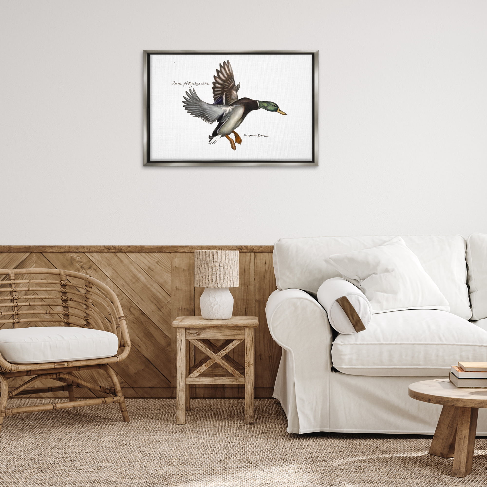Stupell Industries Flying Mallard Duck Animals & Insects Painting Gray Floater Framed Canvas Art Print Wall Art, 31 x 21