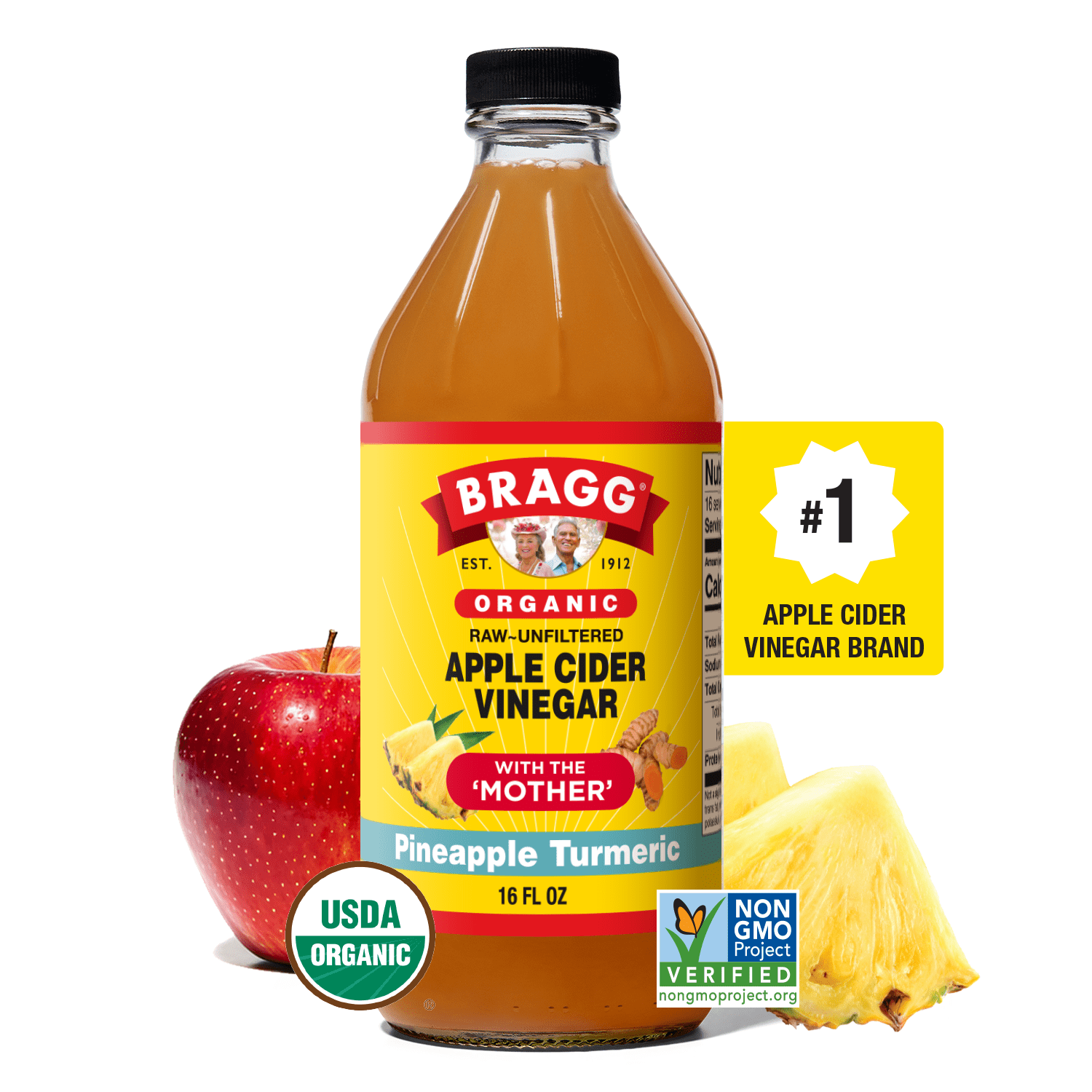(6 pack) Bragg Organic Apple Cider Vinegar Pineapple Turmeric with The Mother, Raw and Unfiltered, 16 fl oz