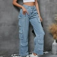 thumbnail image 5 of Women's Cargo Denim Pants Multi Pockets High Waist Wide Leg Jeans Baggy Distressed Jeans Streetwear Y2K Juniors Pants Light Blue,S, 5 of 8
