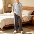 thumbnail image 2 of CHEEREAM Boys 2 Piece Sets Striped Short Sleeve T Shirt & Long Pants Outfit Casual Loungewear Nightwear Home Rest Comfortable Clothes For Kids, 2 of 6