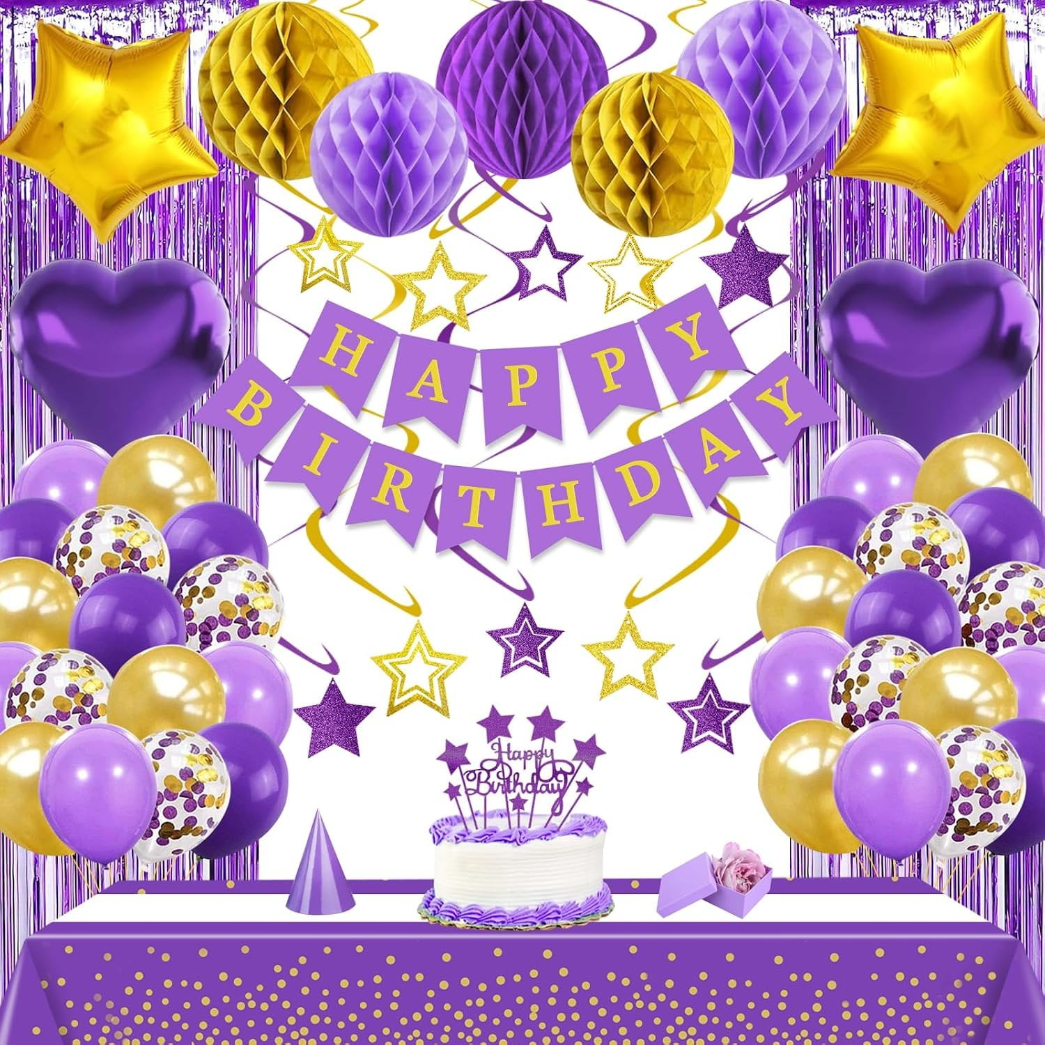 Birthday Party Decorations Supplies Happy Birthday Banner Balls Fringe Curtain Foil Balloons Swirls Cake Topper Tablecloth Party Supplies for Women Girls