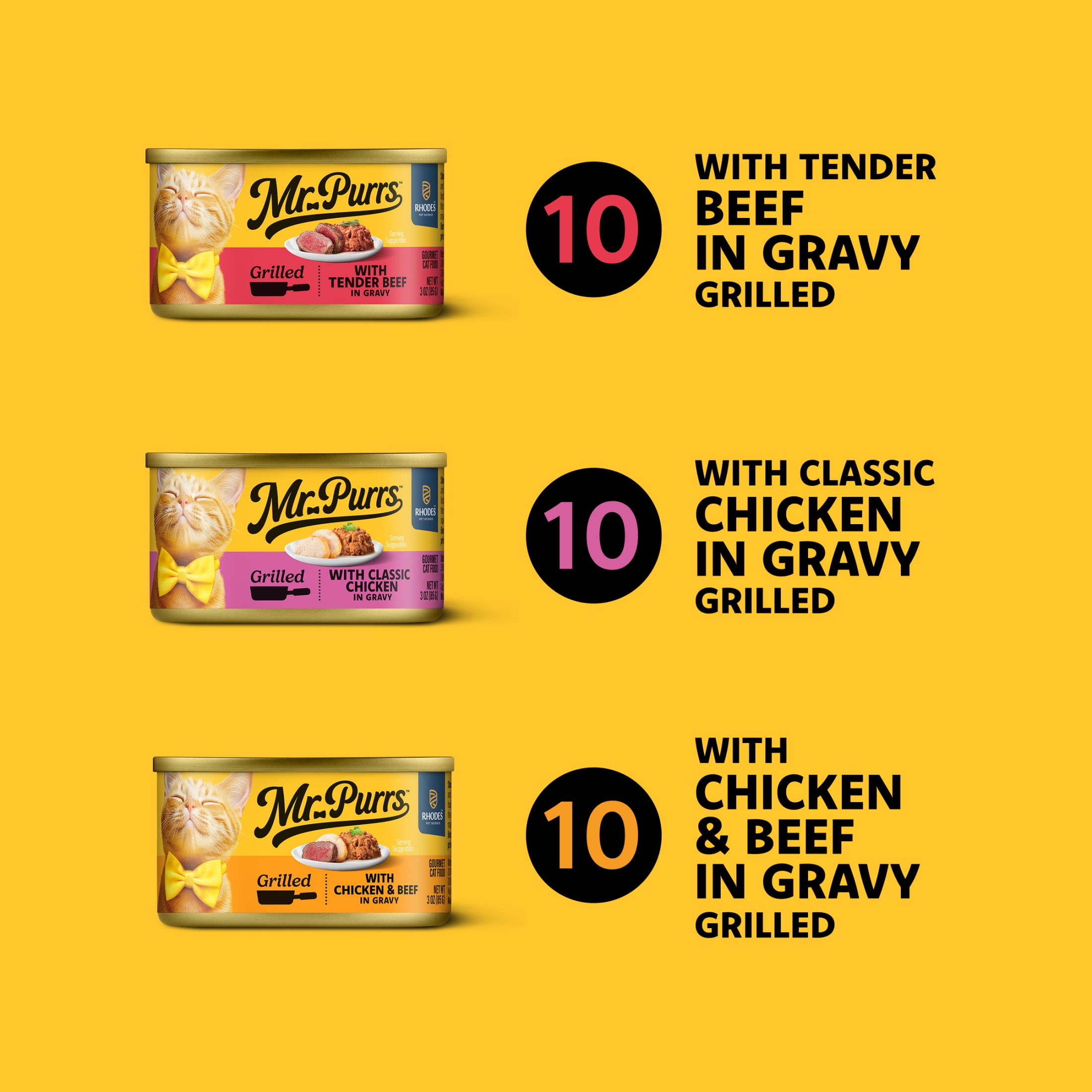 Mr Purrs Grilled Poultry & Beef Favorites in Gravy, Variety Pack, Wet Cat Food, 3 oz Can (30 Pack)