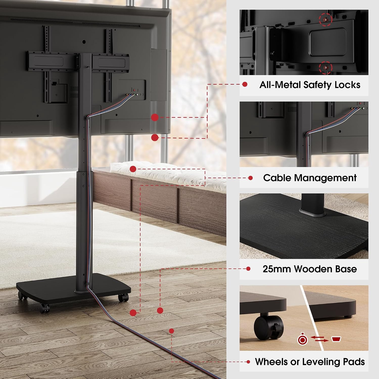 AOKCOS Rolling TV Stand for 43–75 Inch TVs, Black, Swivel & Tilt, Height Adjustable
