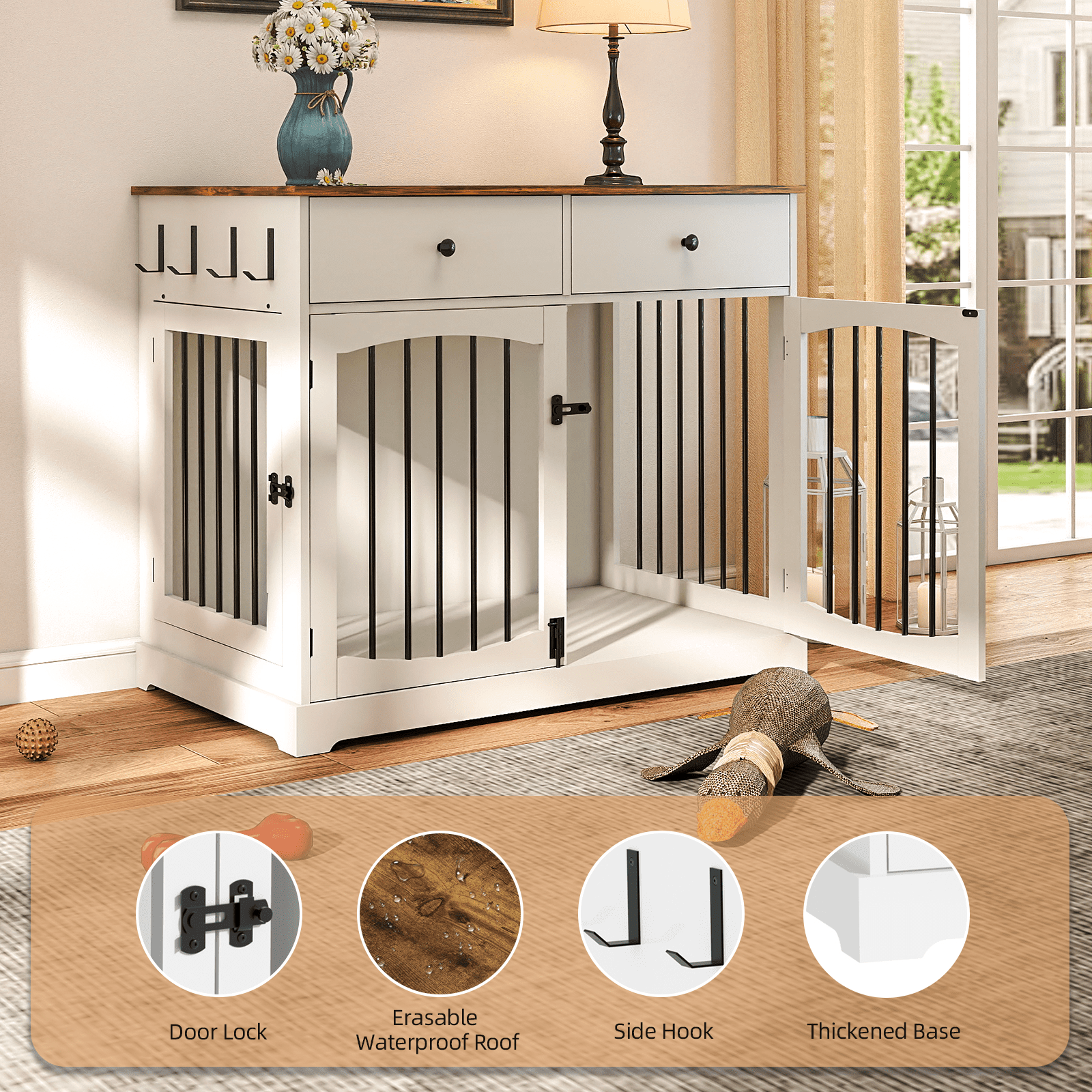 Flictozena 40 Inch Dog Crate Furniture - House Style Wooden Pet Kennel End Table with 2 Doors & Storage Drawers for Indoor Large Dogs, White