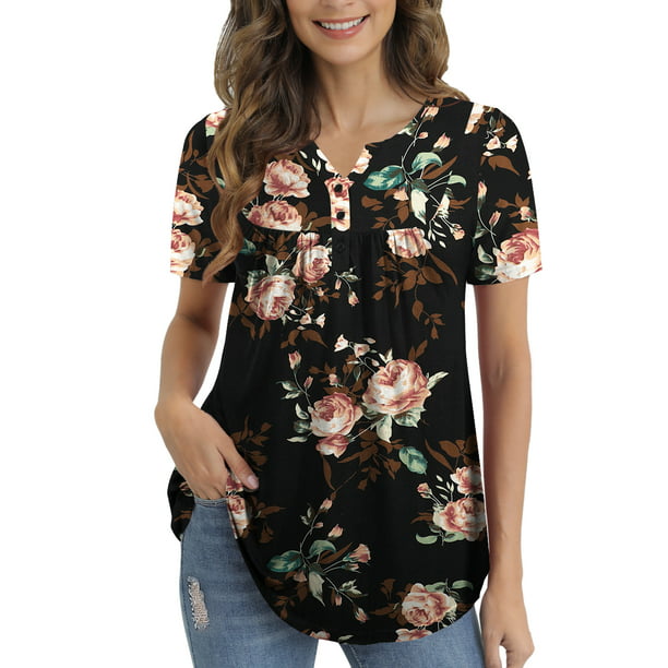 FOLUNSI Womens Plus Size Tunic Tops Short Sleeve Casual Floral Henley ...