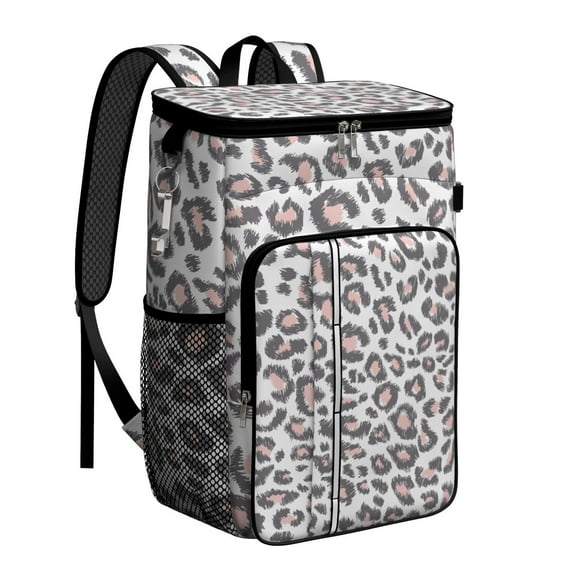 Travel Cooler Bag - White and Pink Of Leopard Print Camping Beer Cooler Backpack with Bottle Opener- Waterproof Insulated Picnic Backpacks - Cooler Bag for Beach