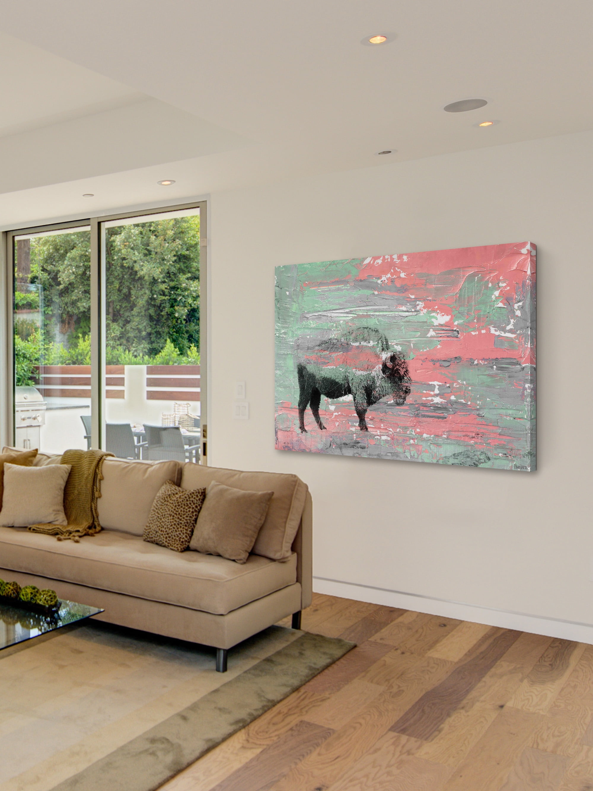 "Green Paint Buffalo" Painting Print on Wrapped Canvas