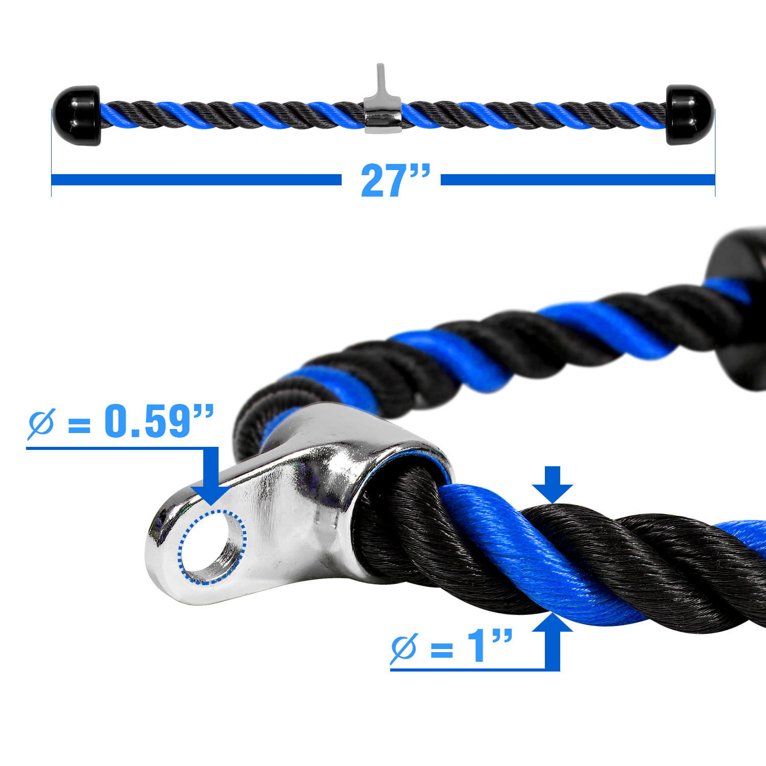 27-inch Heavy Duty Coated Nylon Rope Easy to Grip & Non Slip Cable Attachment with Solid Rubber Ends and Chrome Plated Attachment Tricep Rope Pull Down 