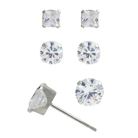 Believe by Brilliance 10kt White Gold 3/4/5mm Square CZ Stud Earring Set, 3 Pairs