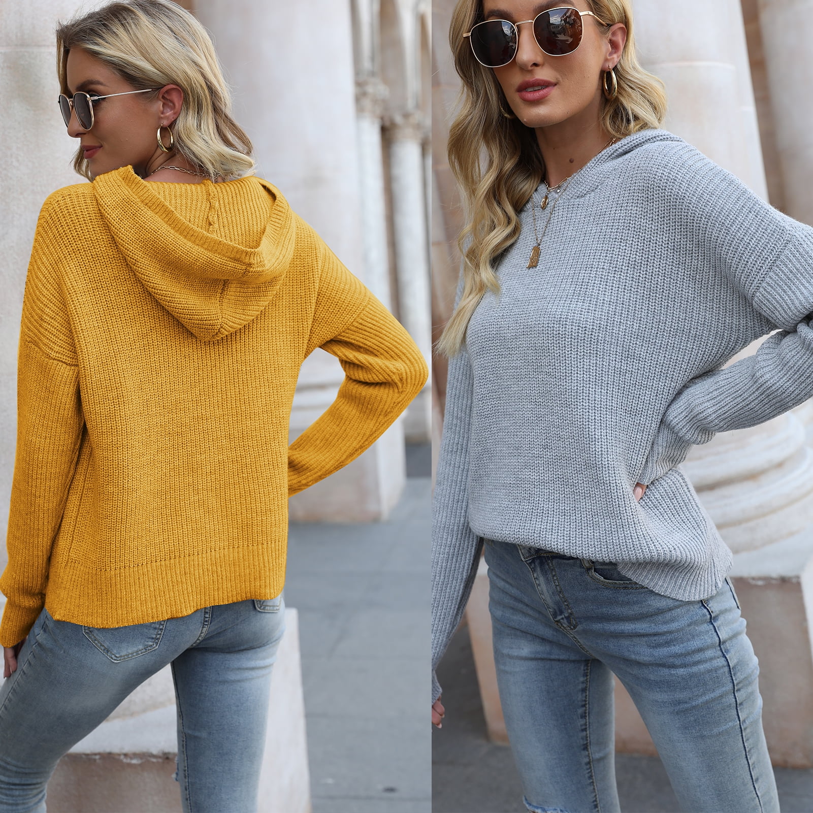 Autumn Women Knitted Hoodie Sweater Ribbed Long Sleeve Drop Shoulder Jumper Tops Loose Casual Pullover Shirt Walmart