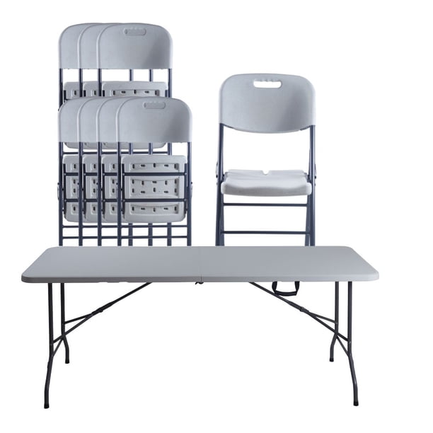 Combo Mesa Plegable Blanca 1.8 metros Tipo Portafolio + 8 Sillas Plegables Blancas Para Exterior LOOMBER