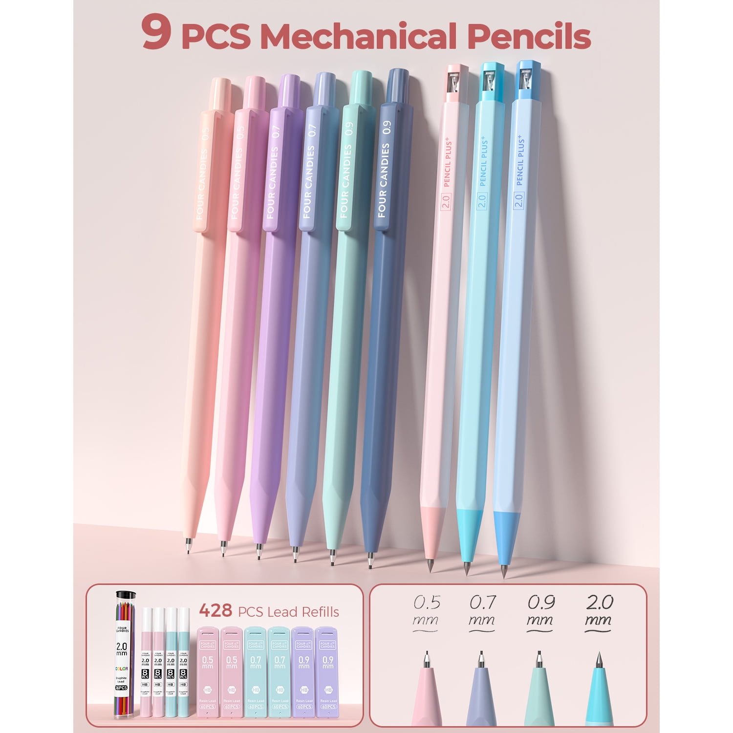 Four Candies 58 PCS Aesthetic Supplies with Cute Pencil Case, 6 Multicolor Pens, 12 Pastel Highlighters, 5 Gel Pens Black Ink, 9 Mechanical Pencils and 100 sticky notes in 2 sizes, College Essentials