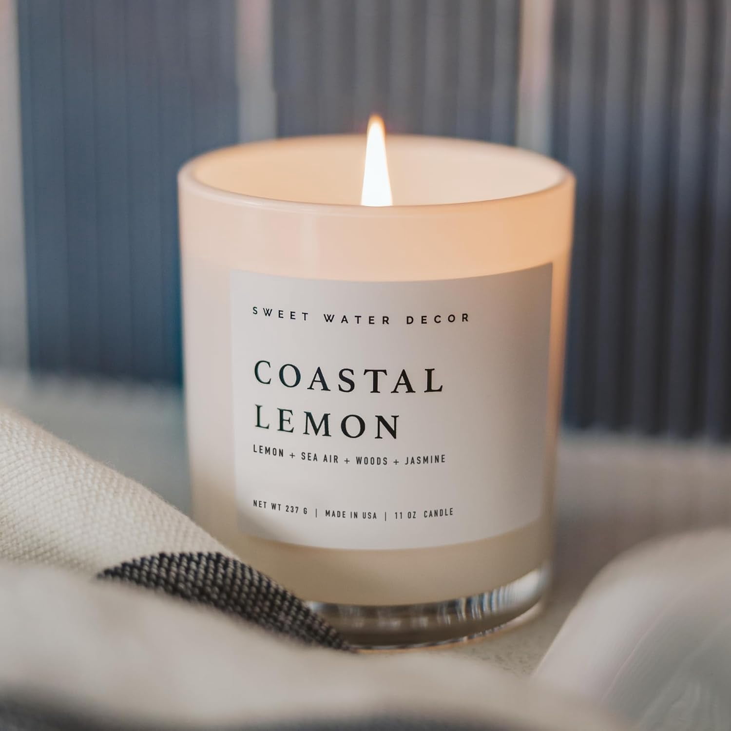 Coastal Lemon Scented Candles - Soy Candles with Lemon, Sea Salt, & Driftwood for Home Decor - Candle Wax with 50 Hours Burn Time - 11Oz Wood Lid White Jar Candles for Home Scented
