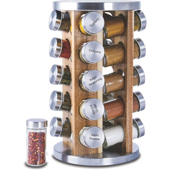 Orii 20 Jar Spice Rack with Spices Included - Tower Organizer for Kitchen Spices and Seasonings, (Natural Acacia Wood)