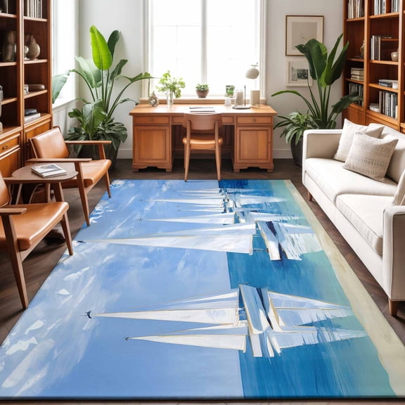 Area Rugs 5'x7', Nautical Sailboat Carpet Runner Indoor Outdoor Rugs Home Decor Aesthetic, Summer Coastal Boat Painting Art Sky Blue Non Slip Mats Washable Accent Rug for Living Room Bedroom
