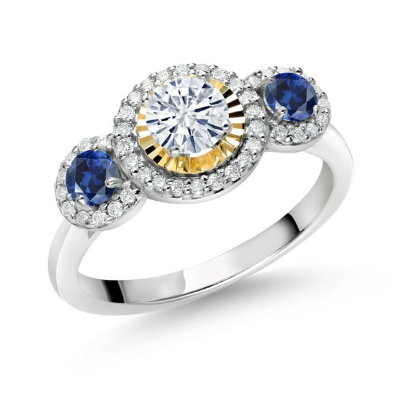 Gem Stone King 925 Silver and 10K Yellow Gold Round White Moissanite Created Sapphire and Lab Grown Diamond 3-Stone Engagement Ring for Women (0.82 Cttw, Size 6)